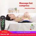 Person receiving a massage hot compress on a bed with text highlighting features.