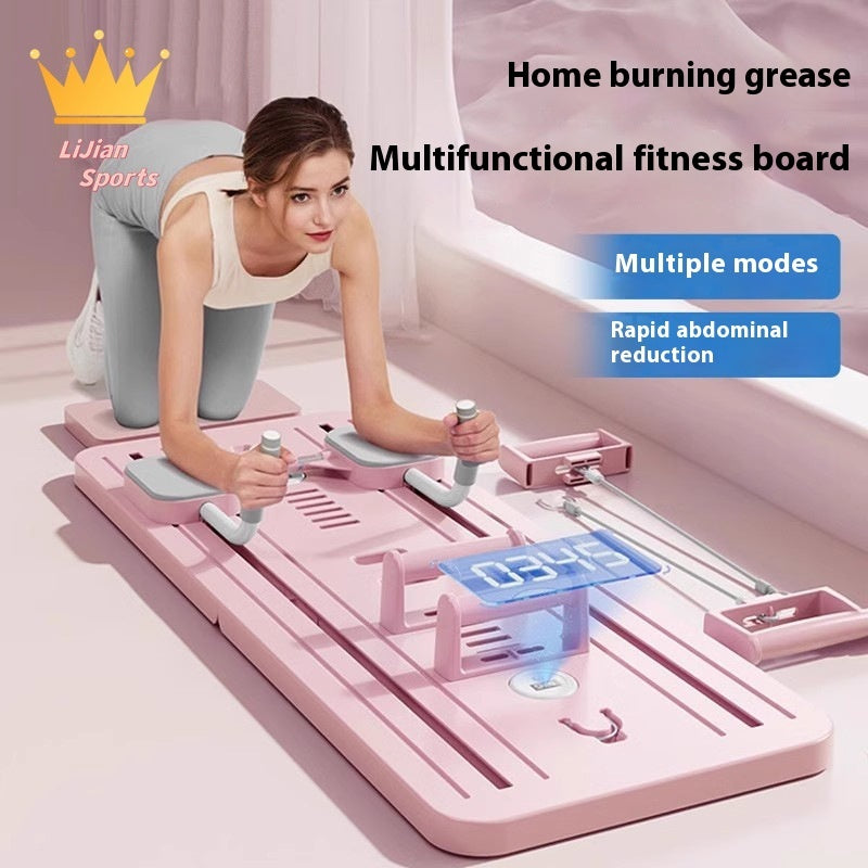 Woman using a pink multifunctional fitness board with text highlighting features on a light pink background.