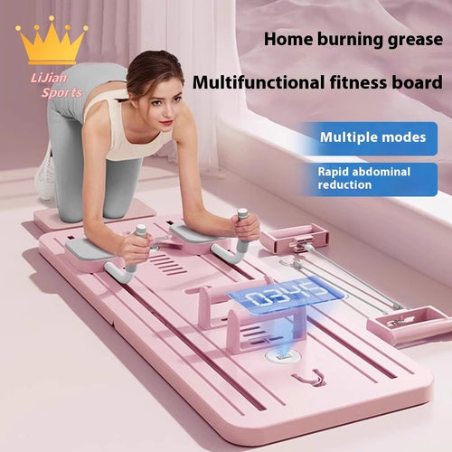Woman using a pink multifunctional fitness board with text highlighting features on a light pink background.