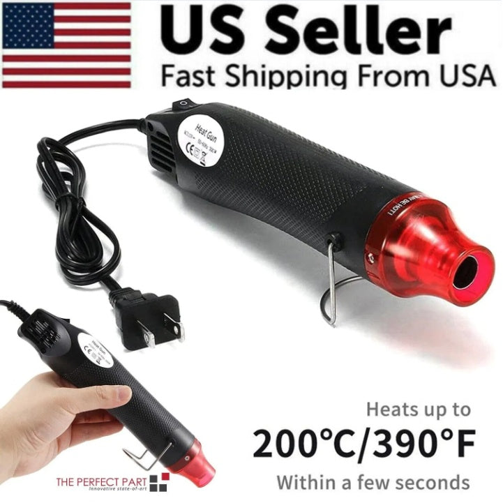 Hot air gun with red nozzle held by a hand, labeled 'US Seller' and 'Fast Shipping From USA'.