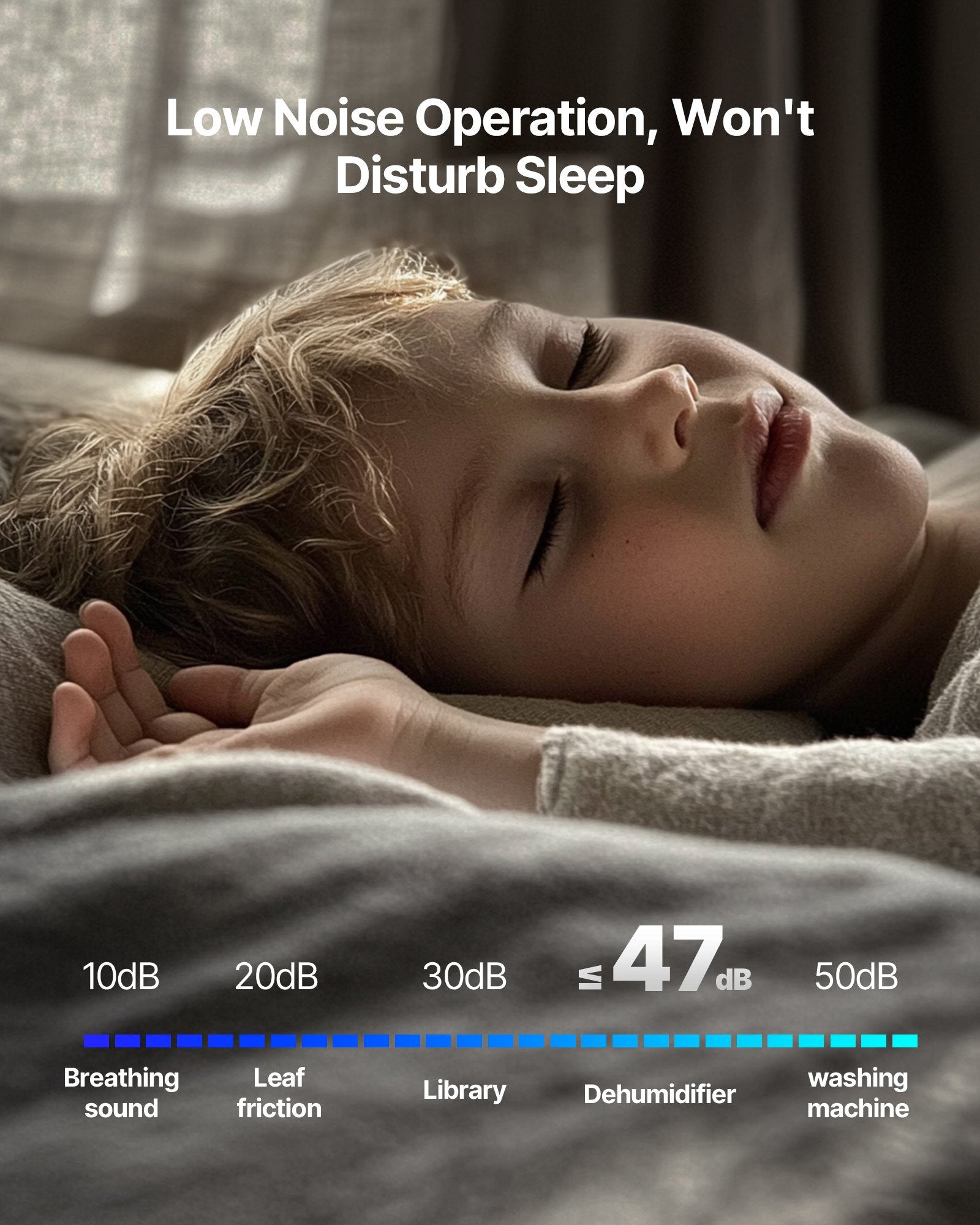 Person sleeping with a sound level indicator showing low noise operation.
