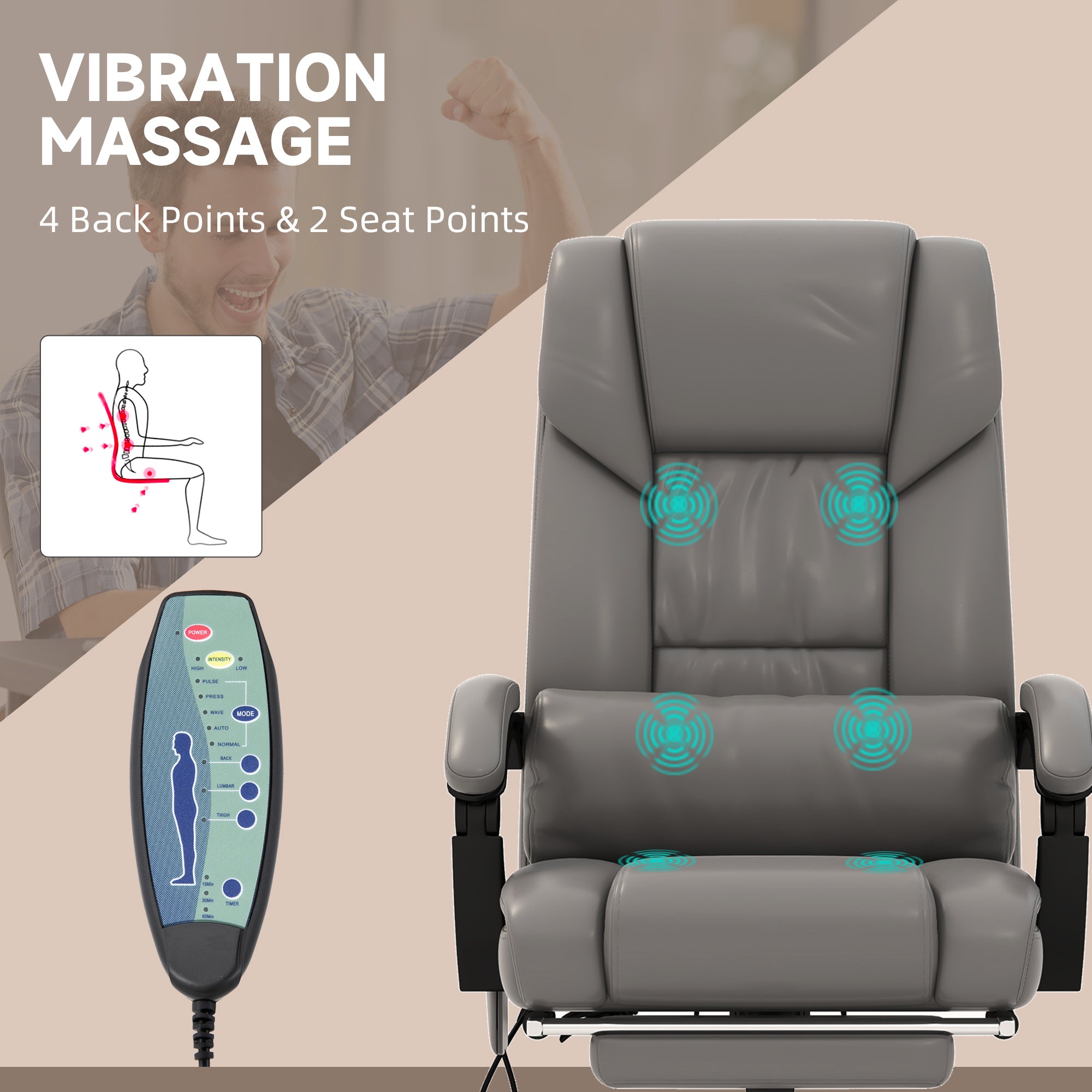 Massage chair with vibration massage feature and control panel on a beige background