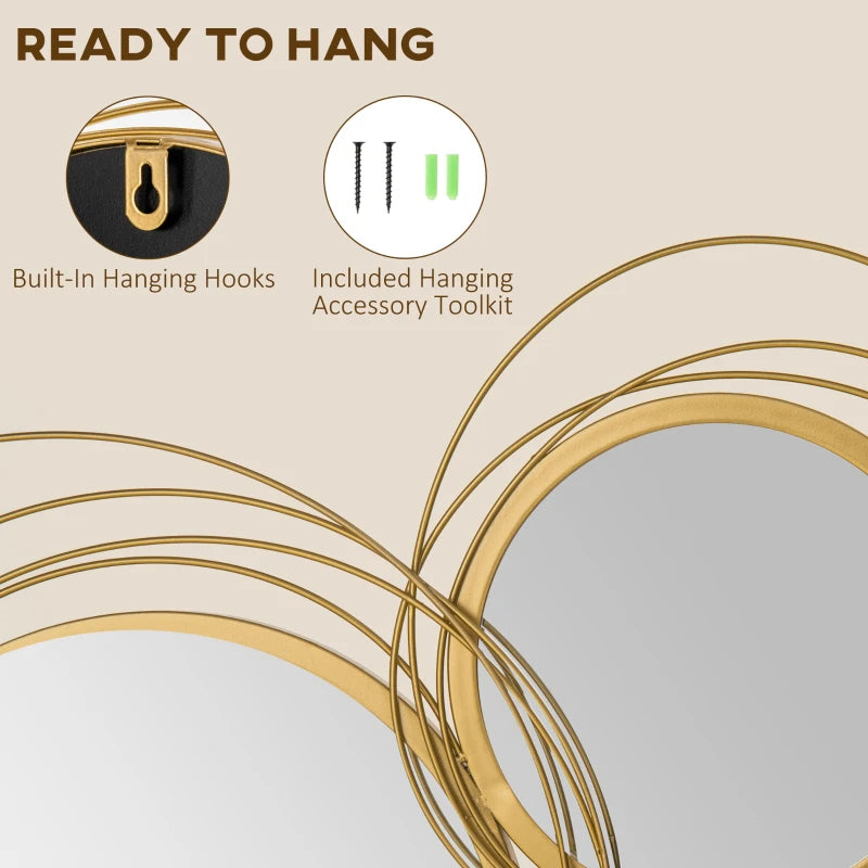 Gold circular mirror with text about built-in hanging hooks and accessory toolkit on a beige background