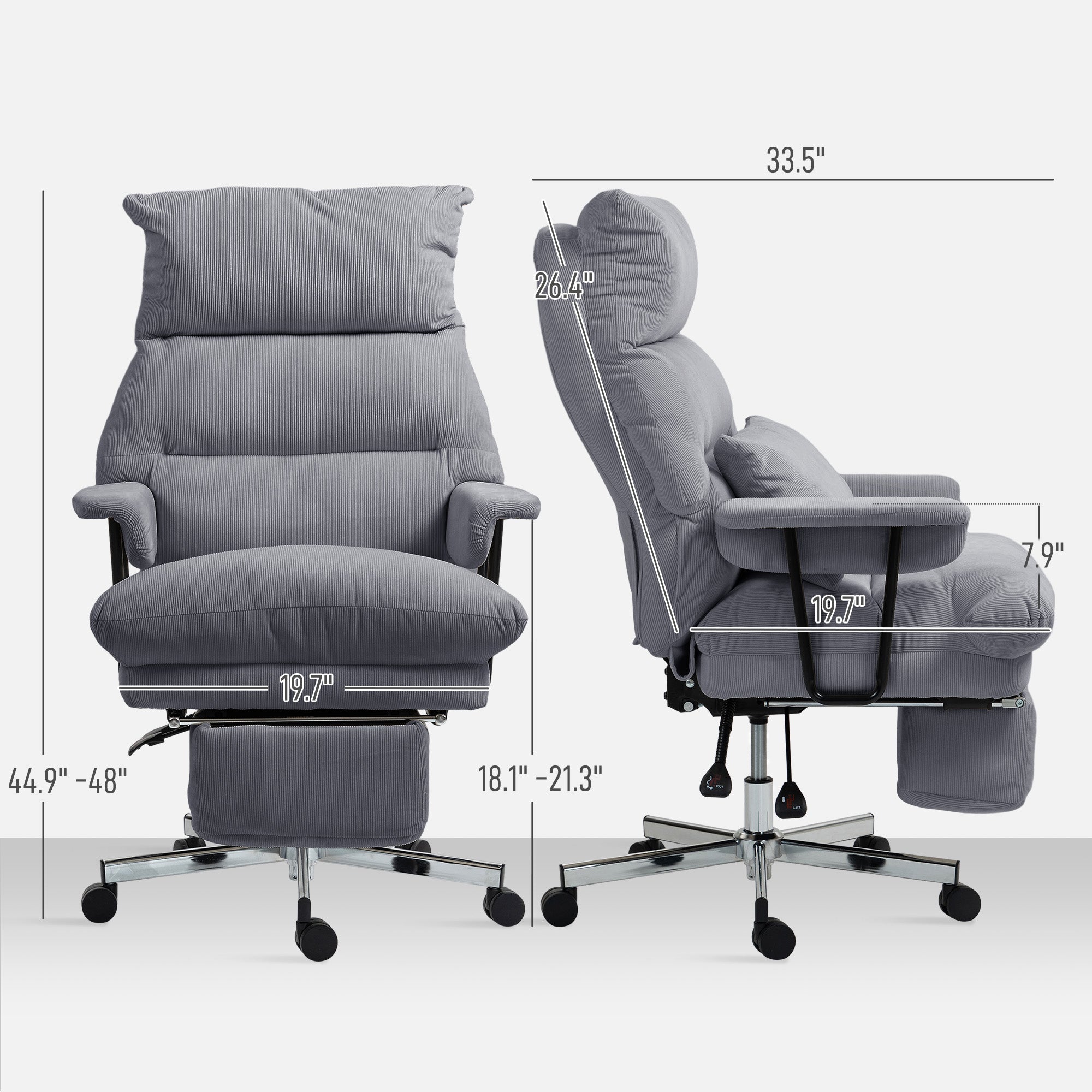 Gray office chair with dimensions labeled on a white background