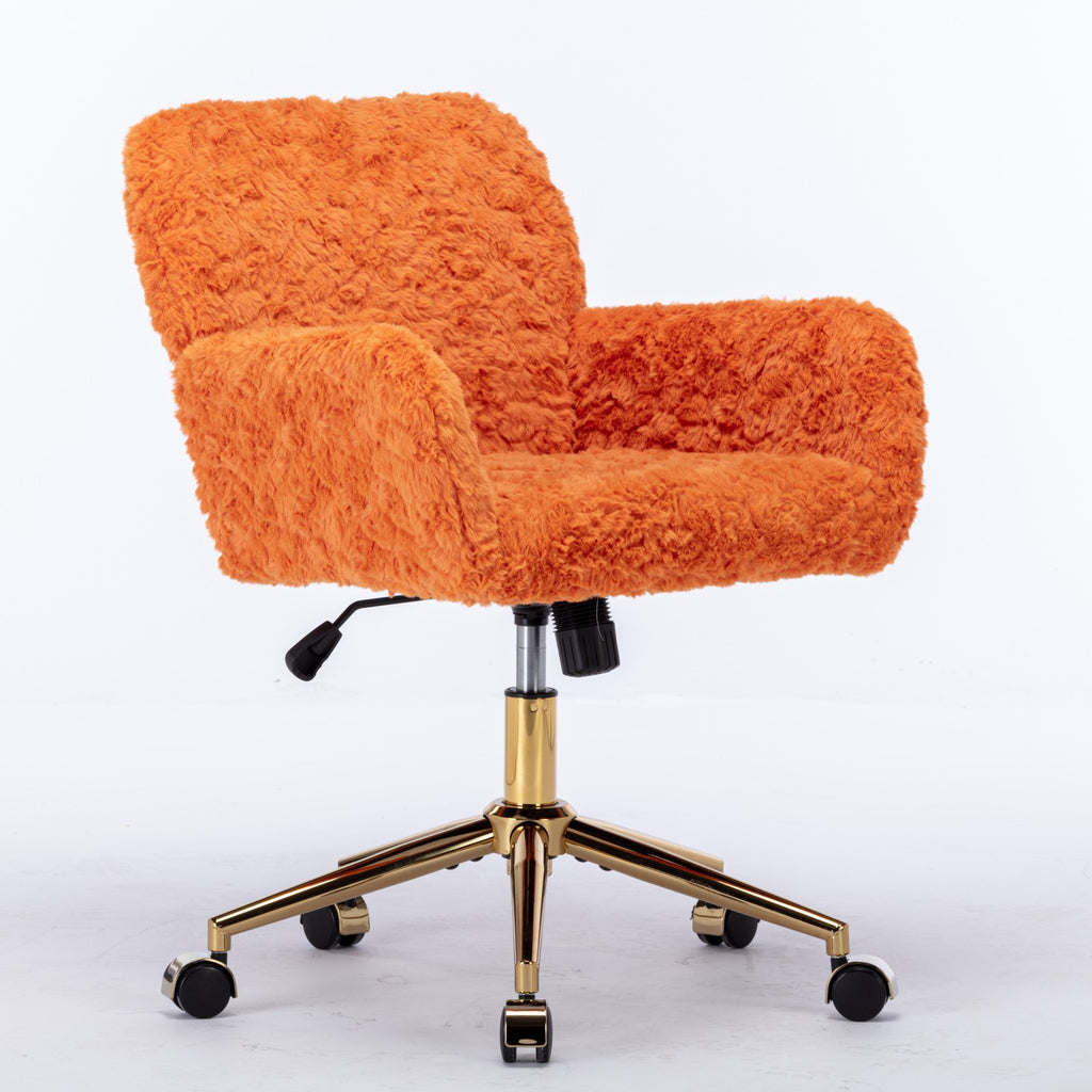 Orange fluffy office chair with gold base on a white background