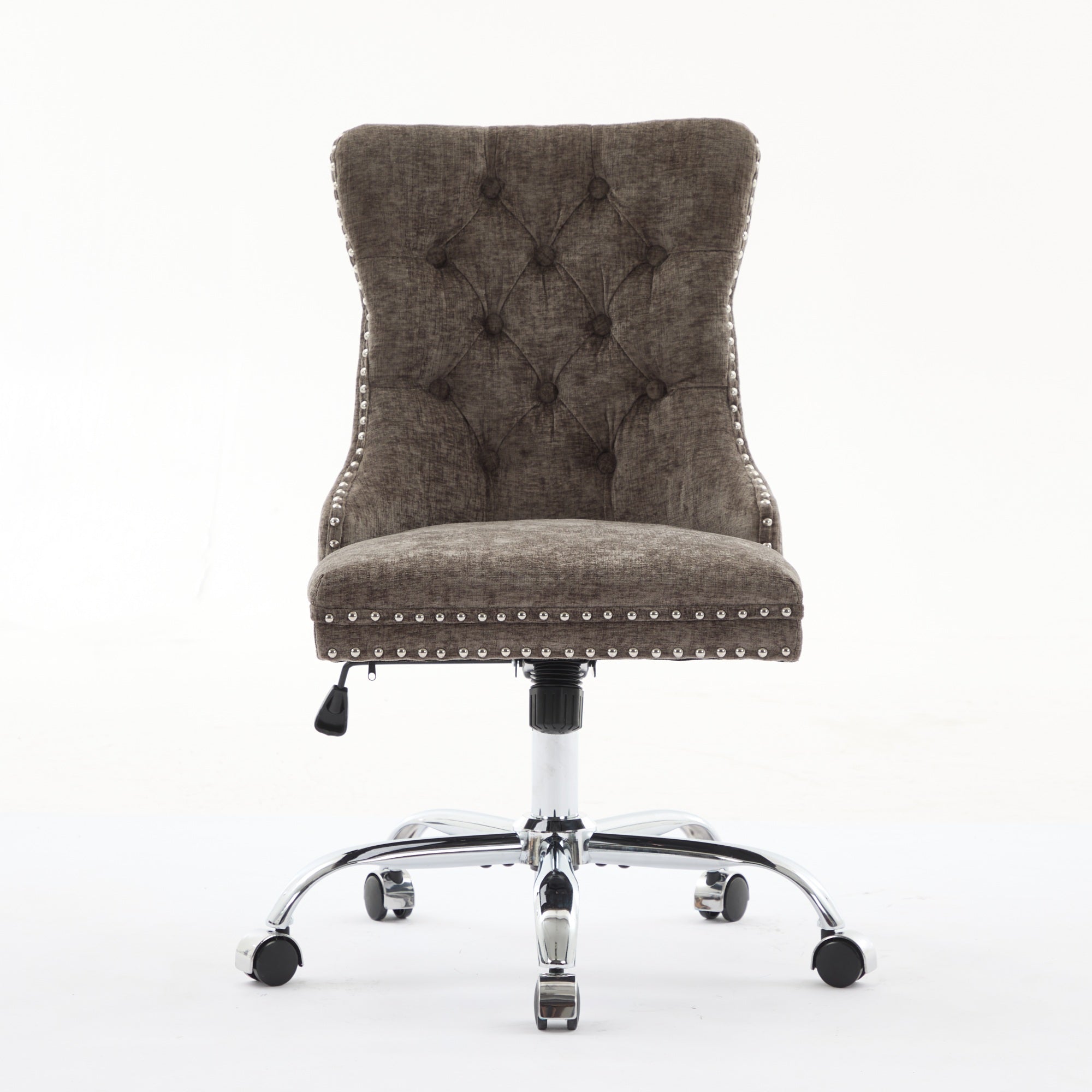 Brown office chair with tufted backrest and chrome base on a white background