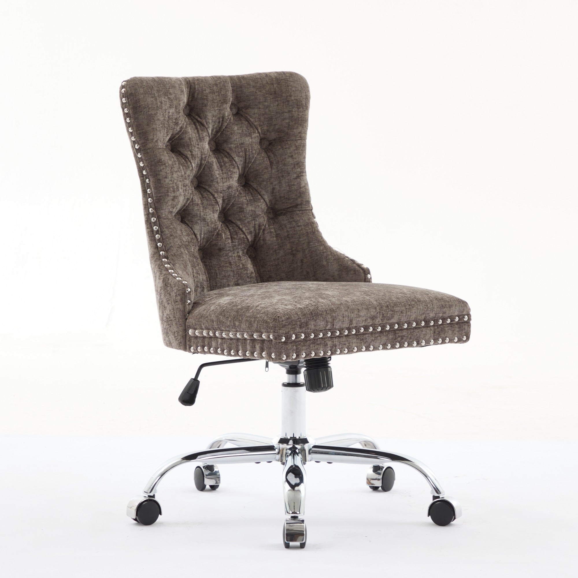 Brown tufted office chair with chrome base on a white background