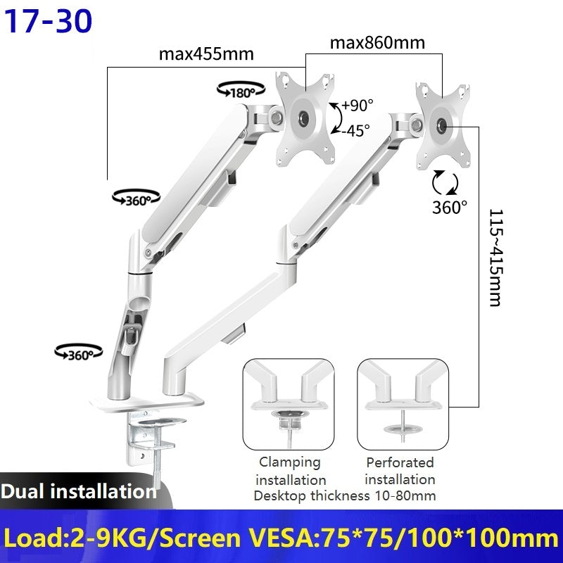 Monitor stand with adjustable arm and mounting details on a white background