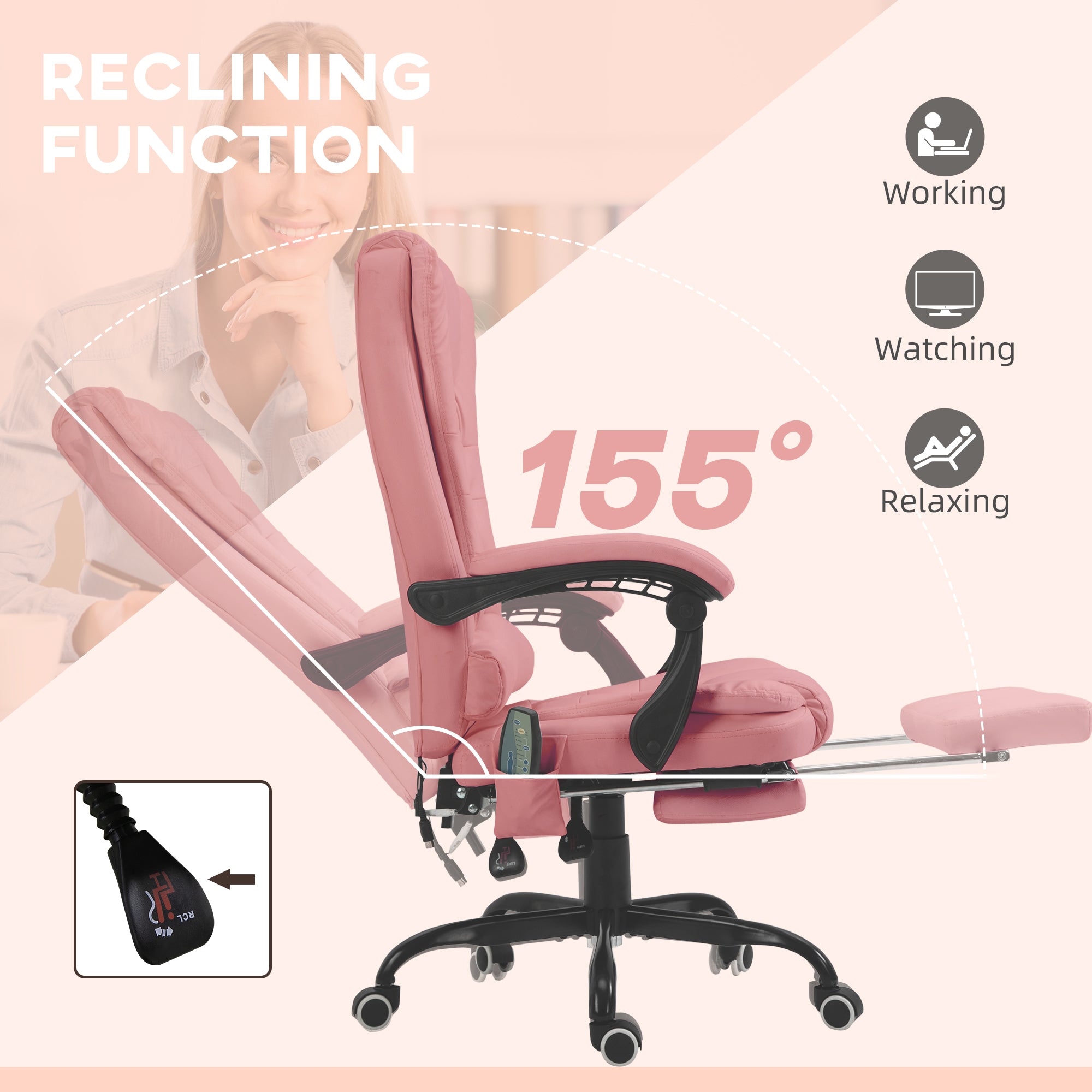 Pink office chair with reclining function, showing 155-degree range, and icons for working, watching, and relaxing.