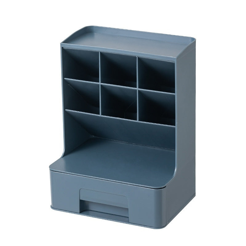 Blue storage unit with multiple compartments on a white background