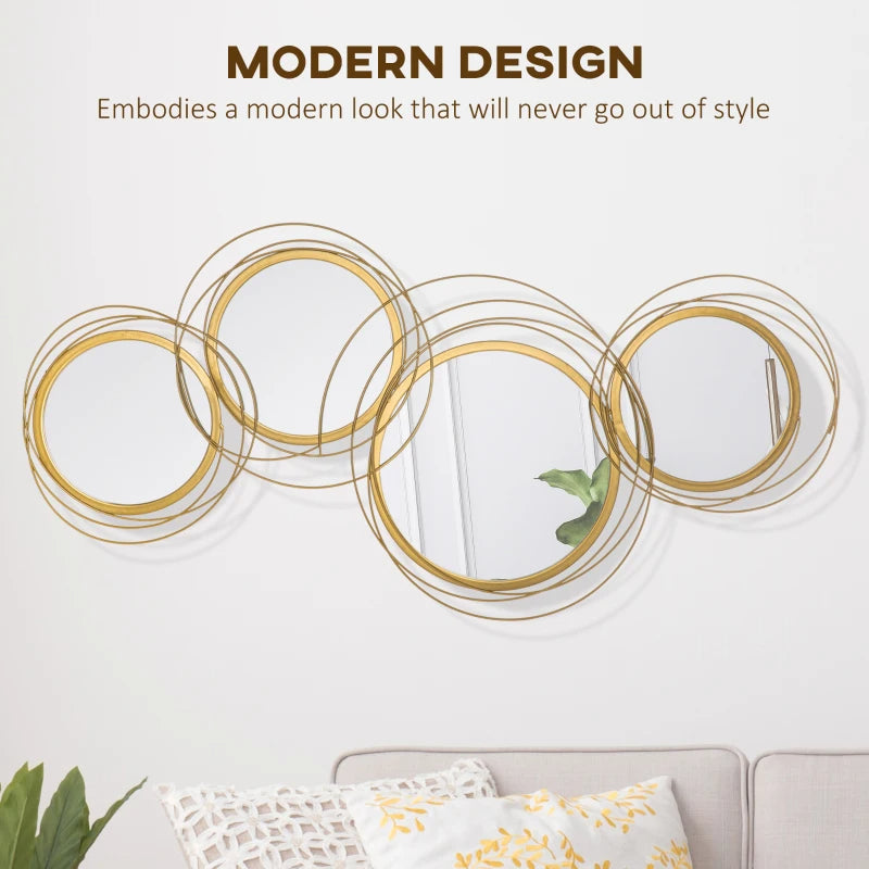 Decorative wall art with gold circular designs on a white wall, featuring text about modern design.