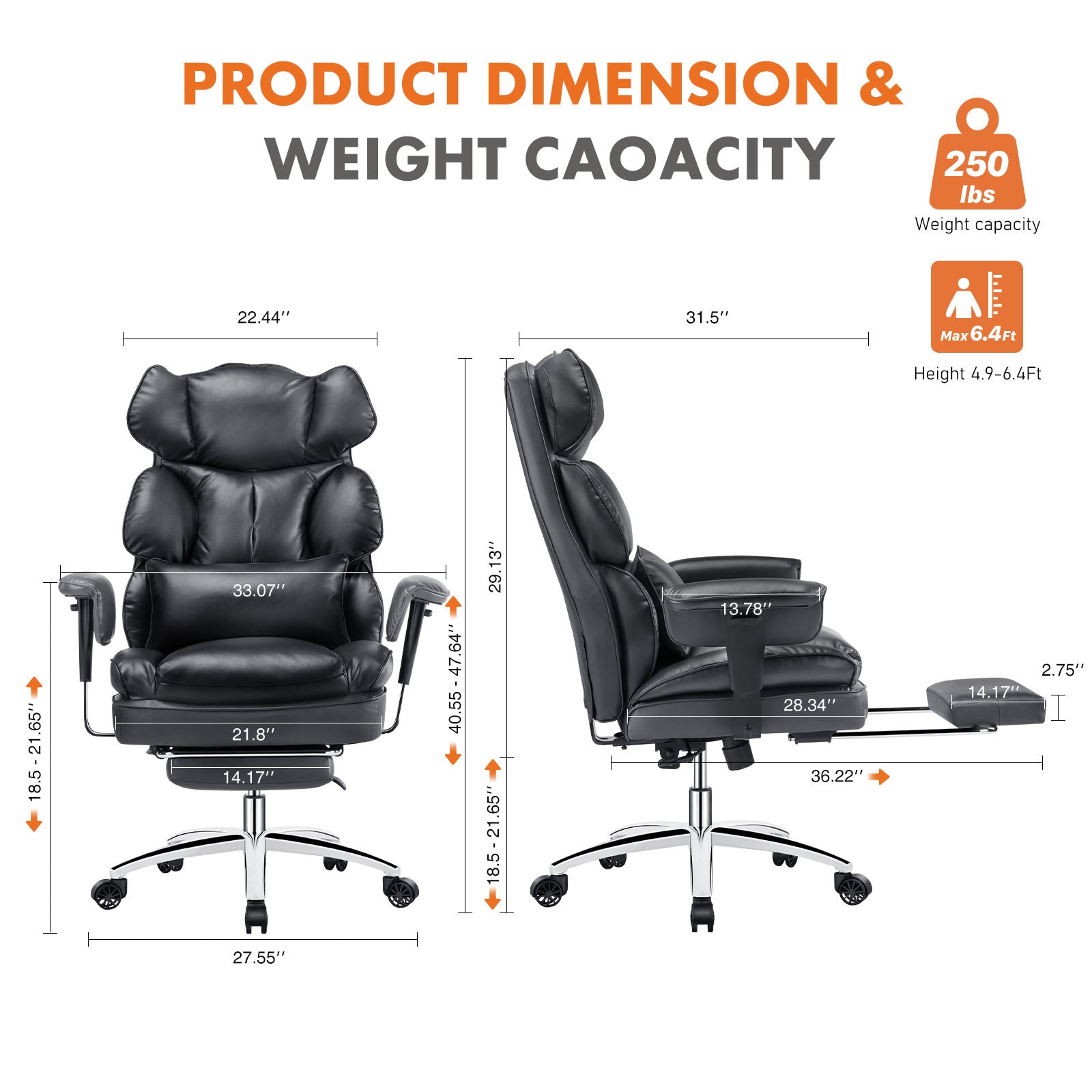 Black office chair with dimensions and weight capacity information on a white background