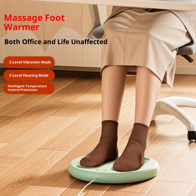 Person using a massage foot warmer on a wooden floor with product features highlighted.