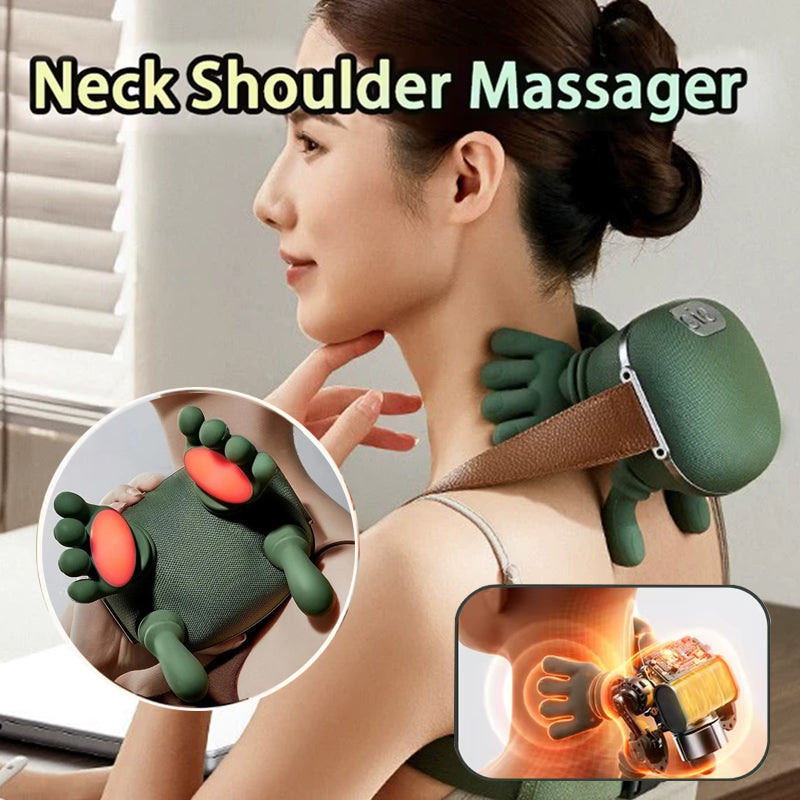Woman using a neck shoulder massager with close-up insets showing its features.