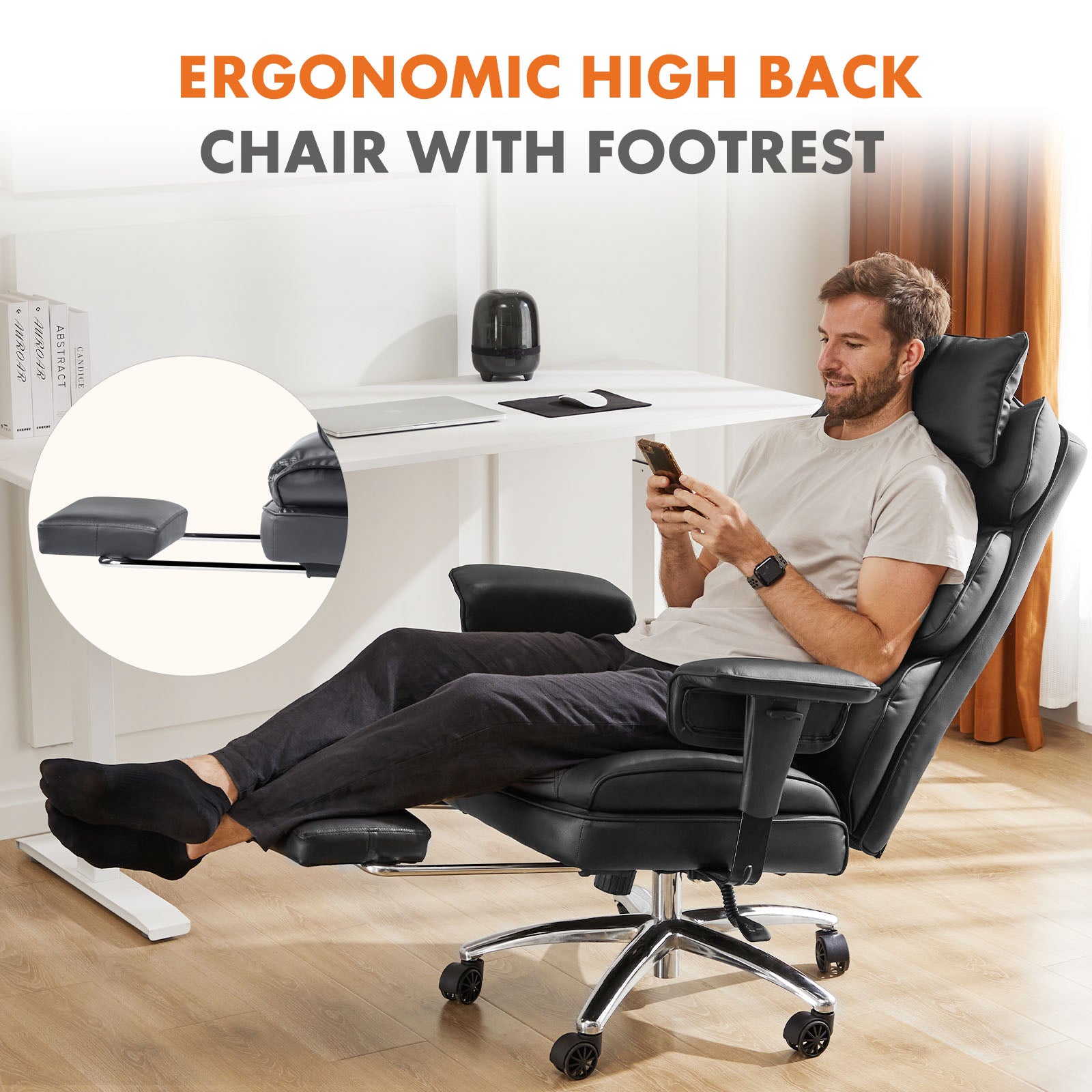Man using a smartphone in an ergonomic high-back chair with footrest in a home office setting.