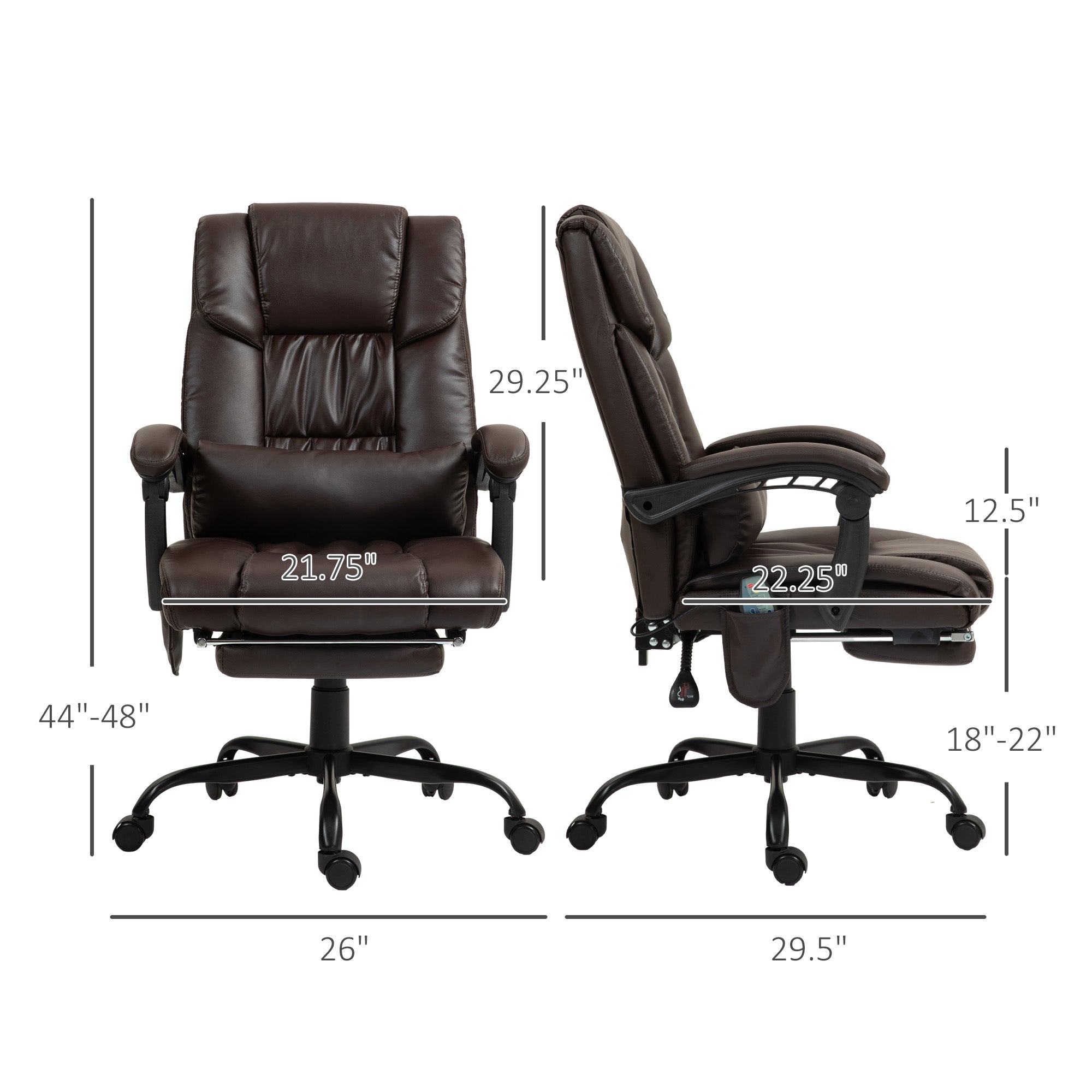 Brown office chair with dimensions labeled on a white background