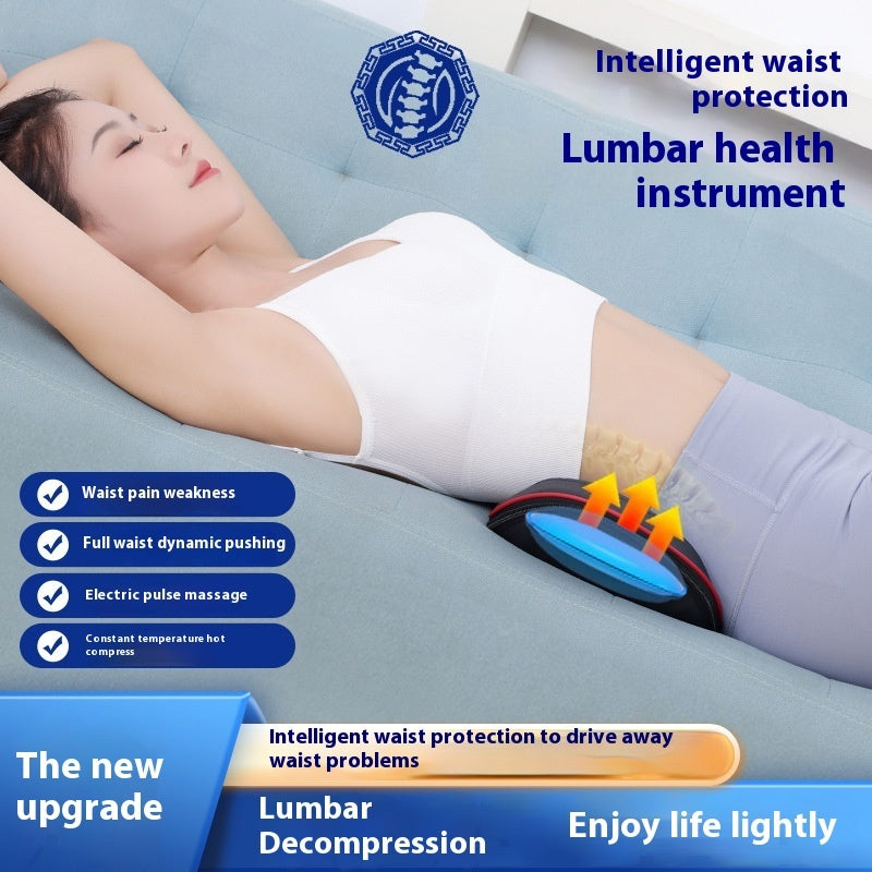 Woman using a lumbar health instrument with text highlighting its features and benefits.