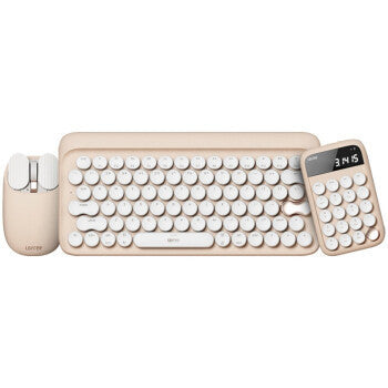 Beige keyboard, mouse, and calculator set on a white background