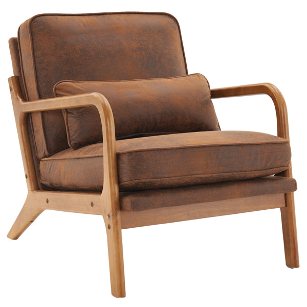 Brown leather armchair with wooden frame on a white background