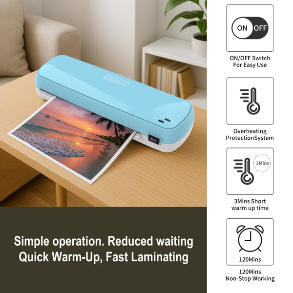 Blue laminator on a table with a photo of a sunset, surrounded by text about its features.