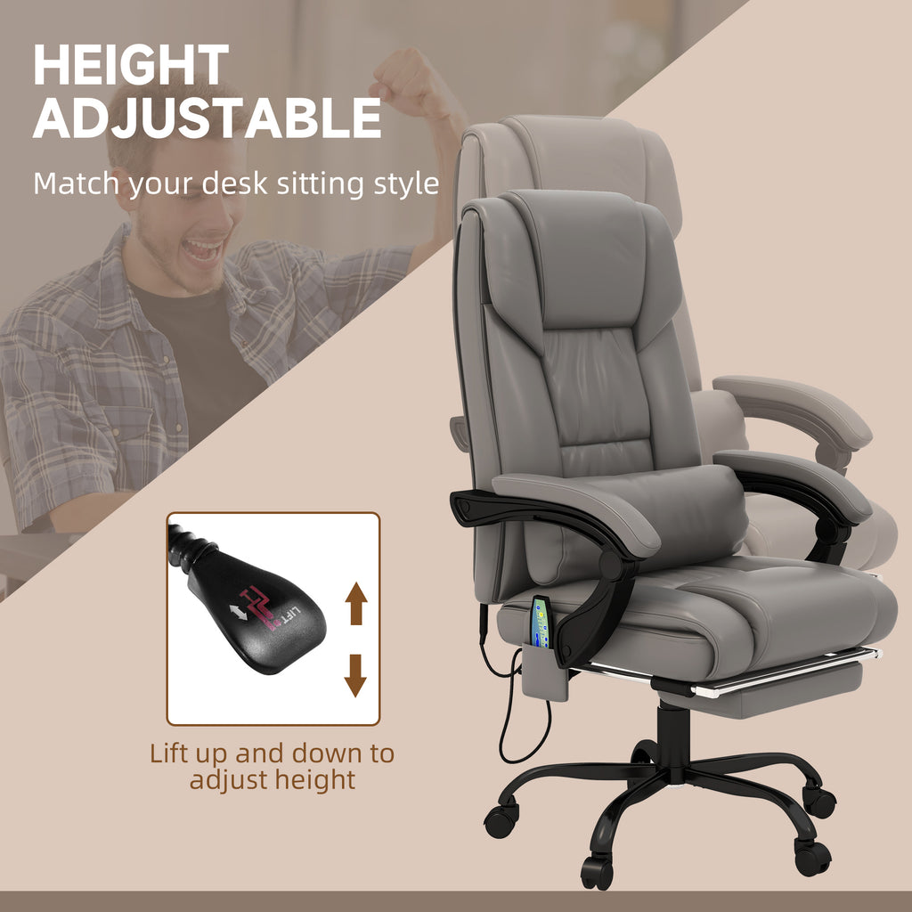 Gray height-adjustable office chair with a person using it and an inset showing the adjustment mechanism.
