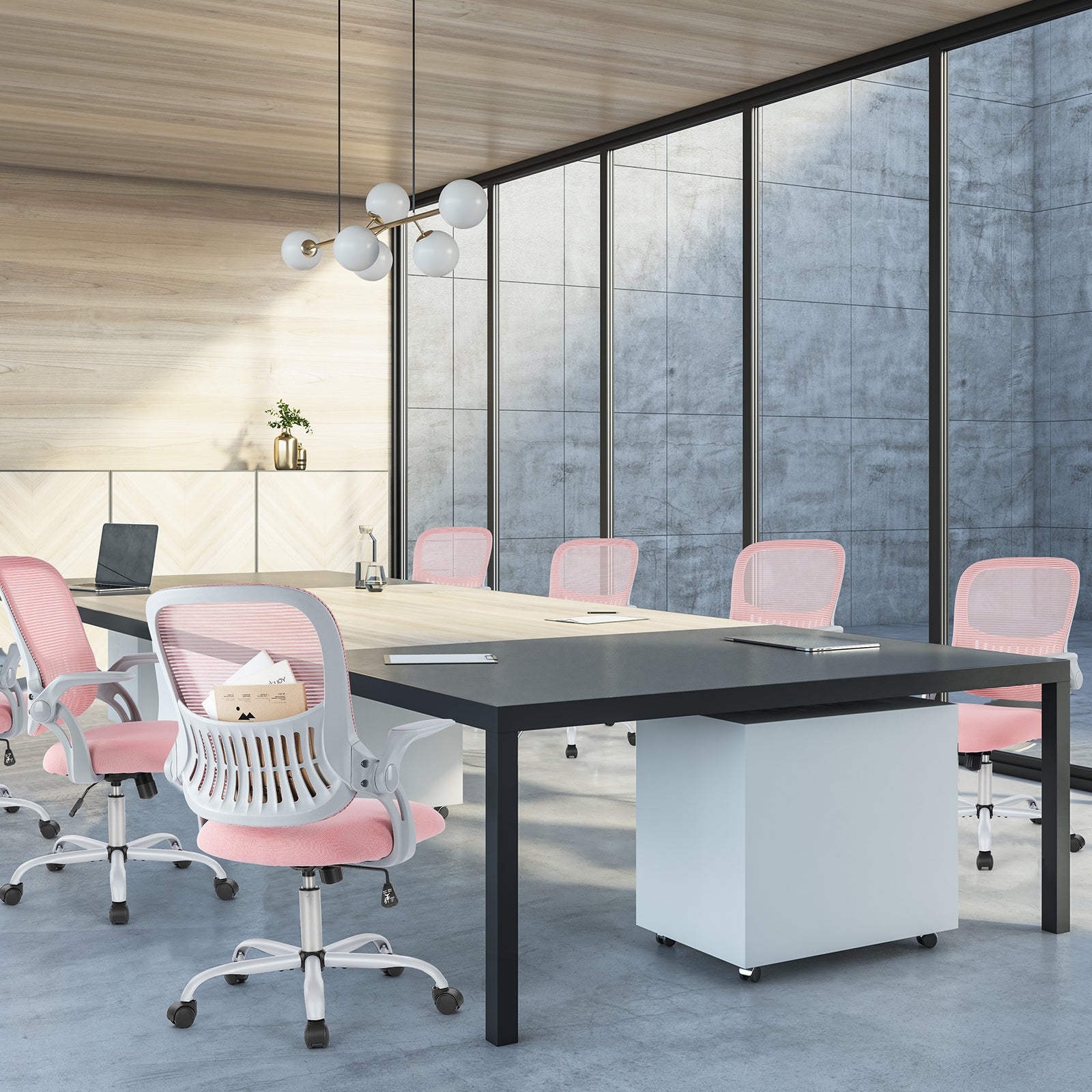 Pink ergonomic drafting chair full view in home office setting