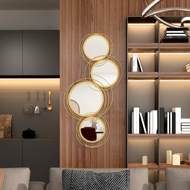 Modern interior design with a wall mirror and bookshelf.