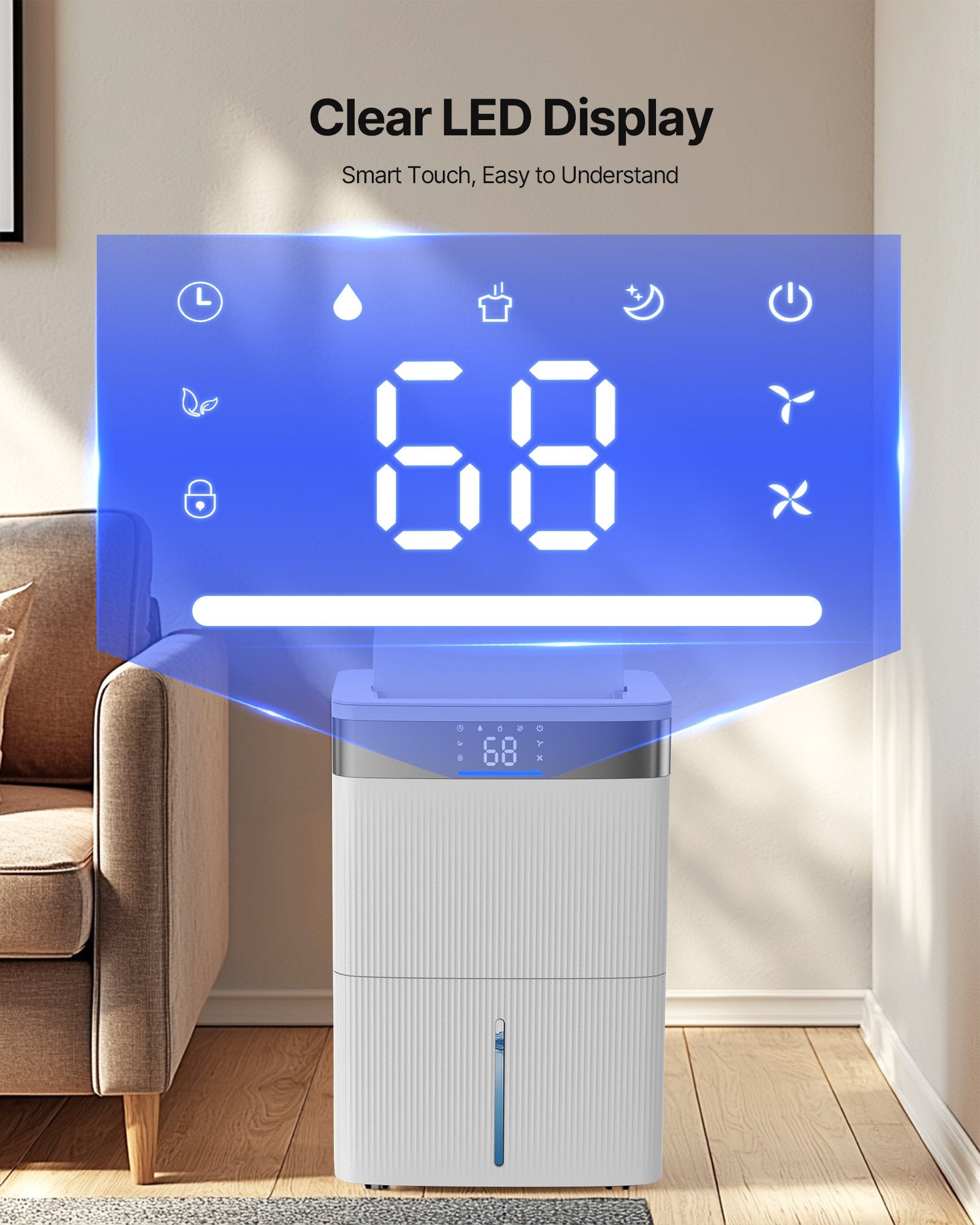 Dehumidifier with clear LED display in a living room setting