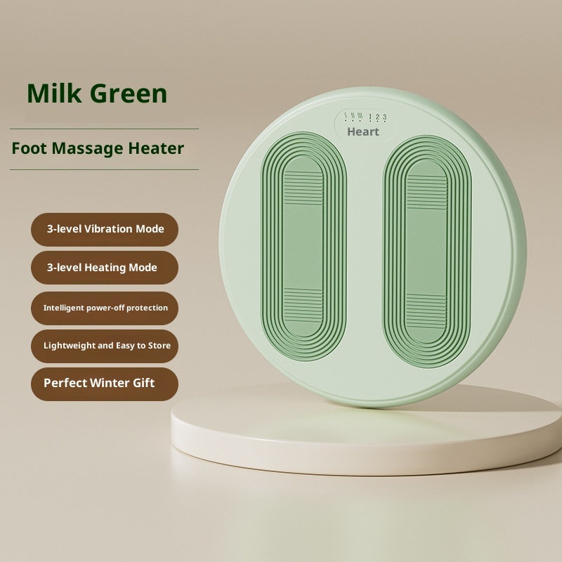 Milk green foot massage heater with features listed on a beige background