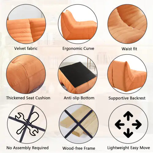 Fireside Chair, Large Bean Bag Chair For Adults, Lazy Floor Sofa For Home, Playing Bean Bag Chair, One-piece High Resilience Sponge, Flannelette Fabric, Orange