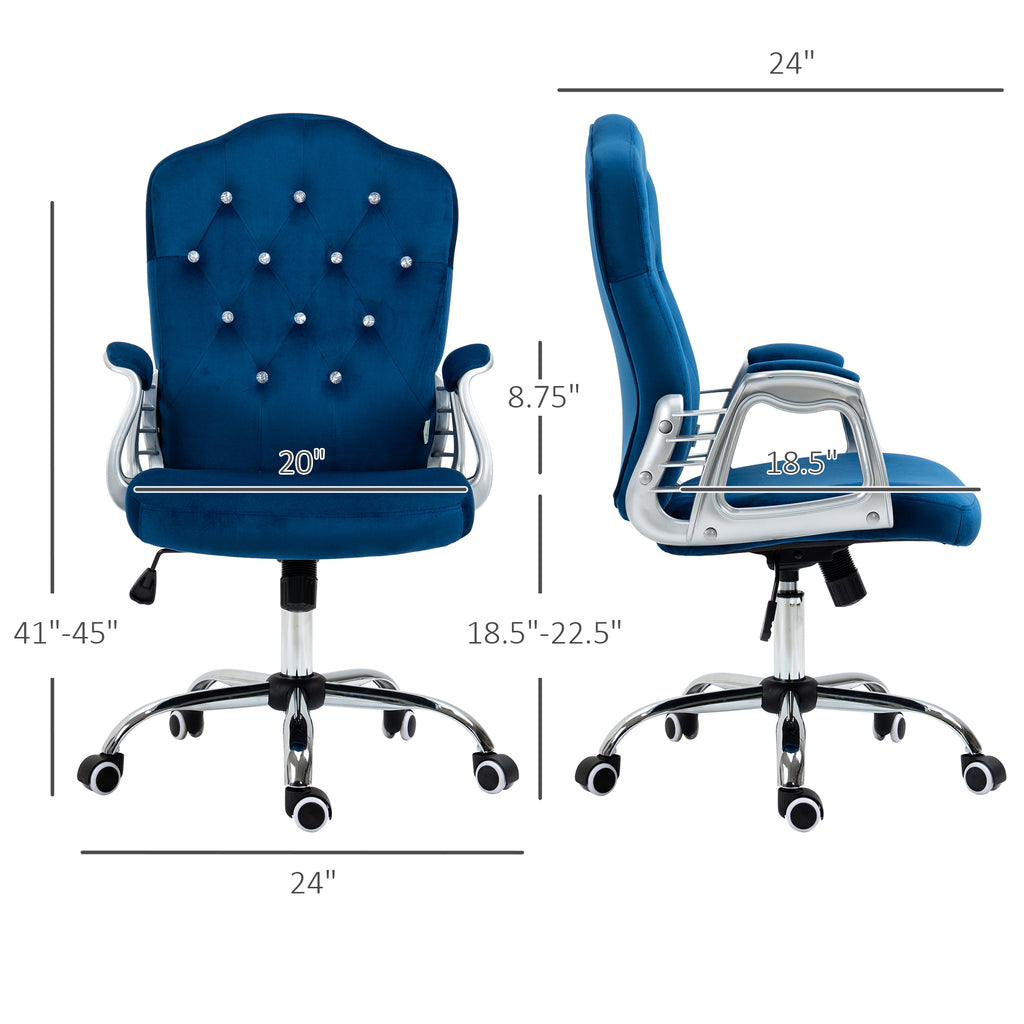 Blue office chair with dimensions on a white background