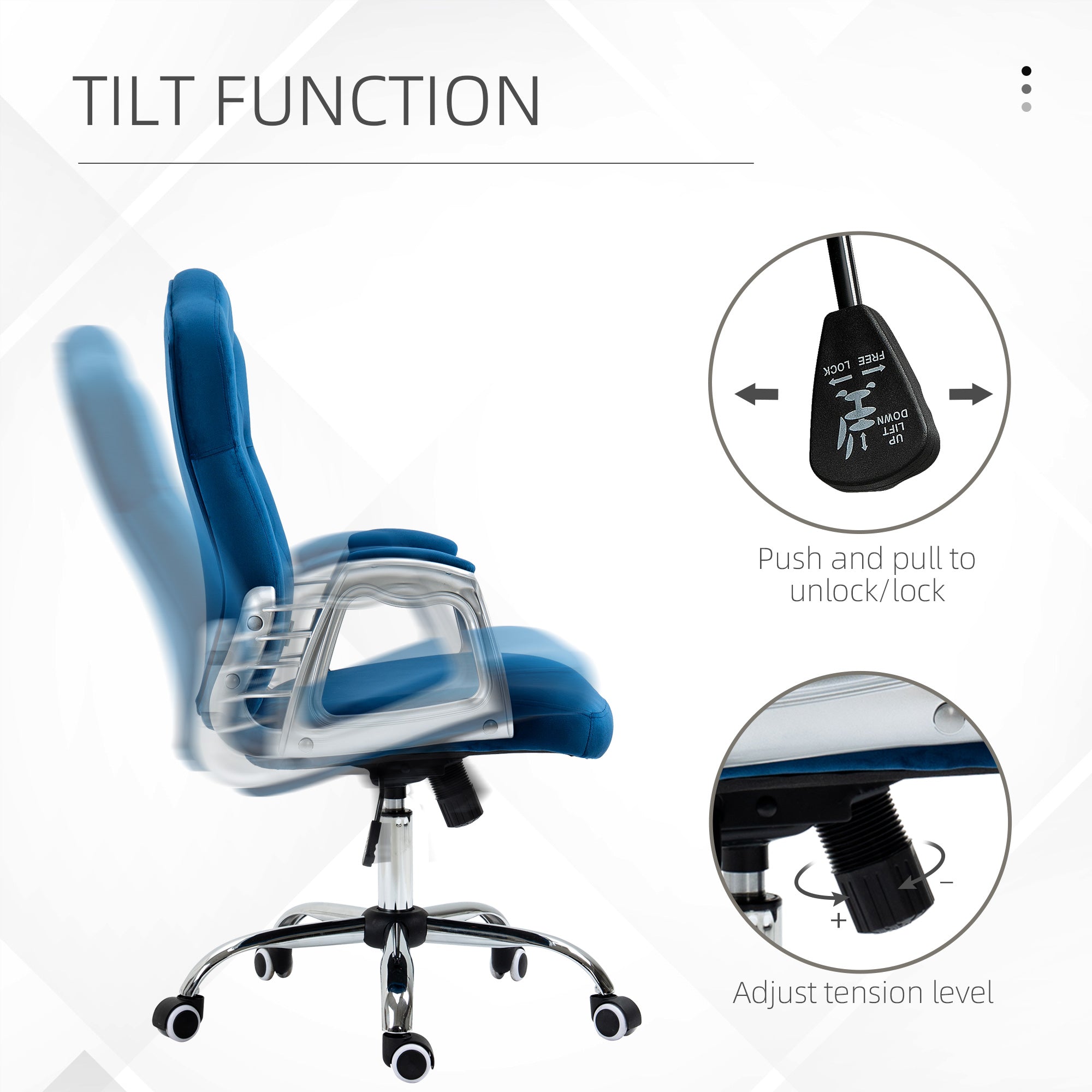 Blue office chair with tilt function features on a white background