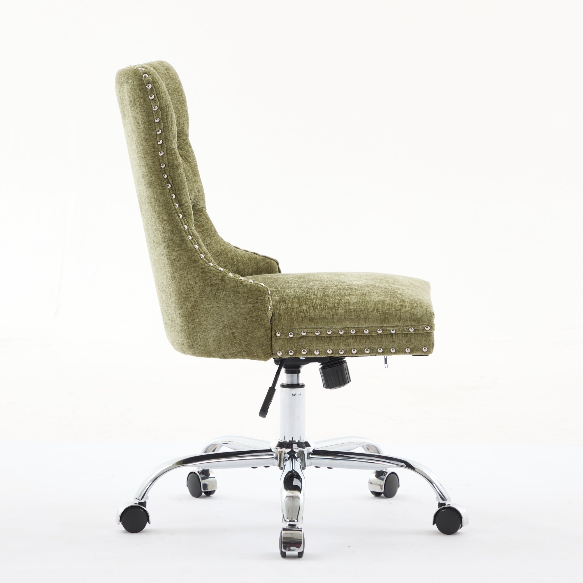 Green office chair with studded details on a white background