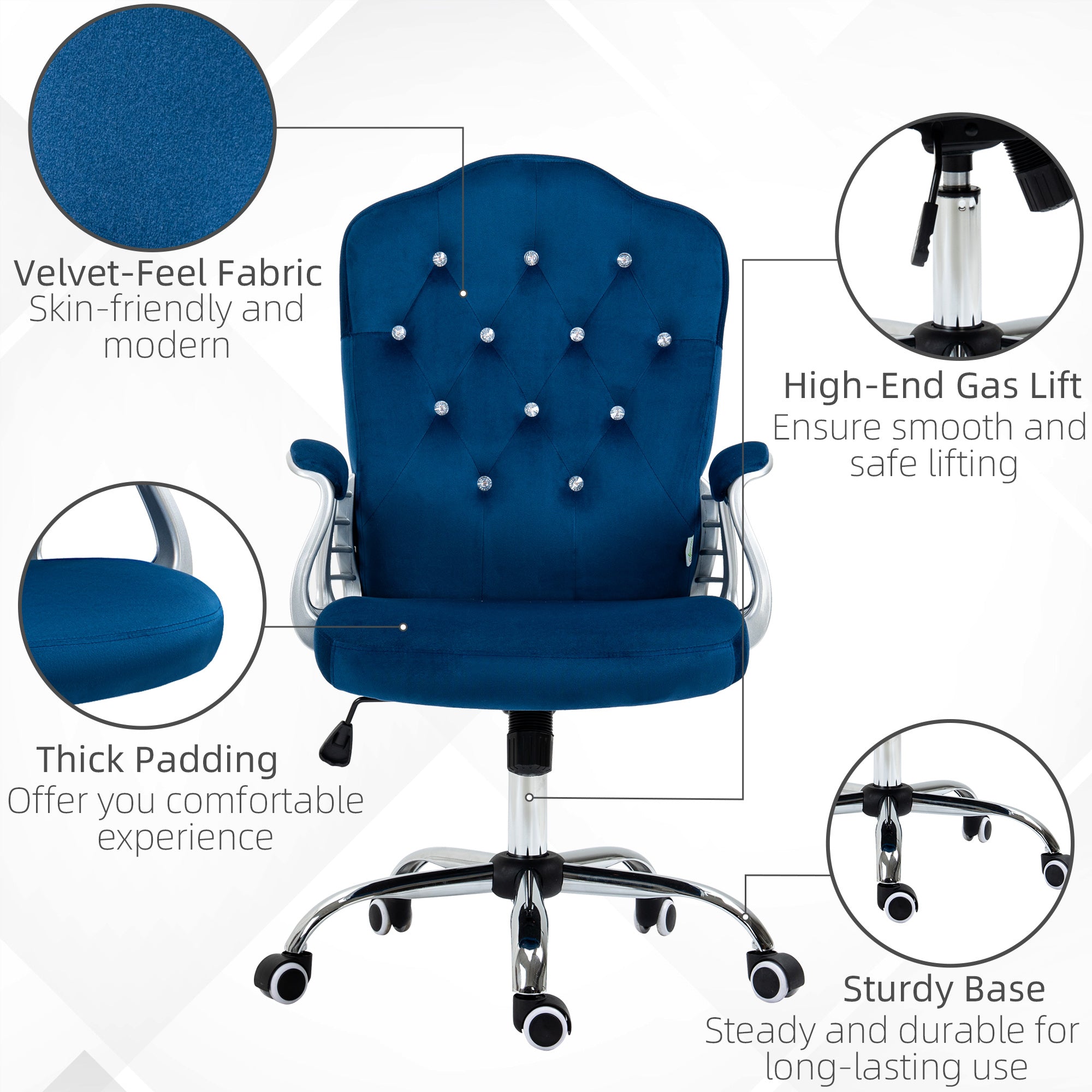 Blue office chair with features highlighted on a white background