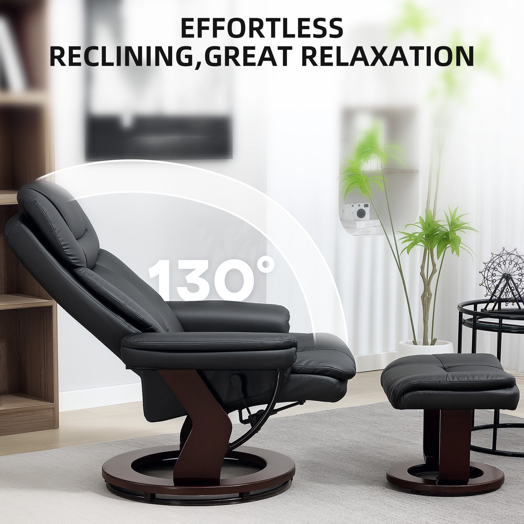 Black recliner chair with ottoman in a living room setting, emphasizing comfort and relaxation.