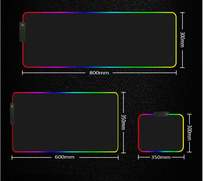 Gaming mouse pad with RGB lighting shown with measurements on a black background