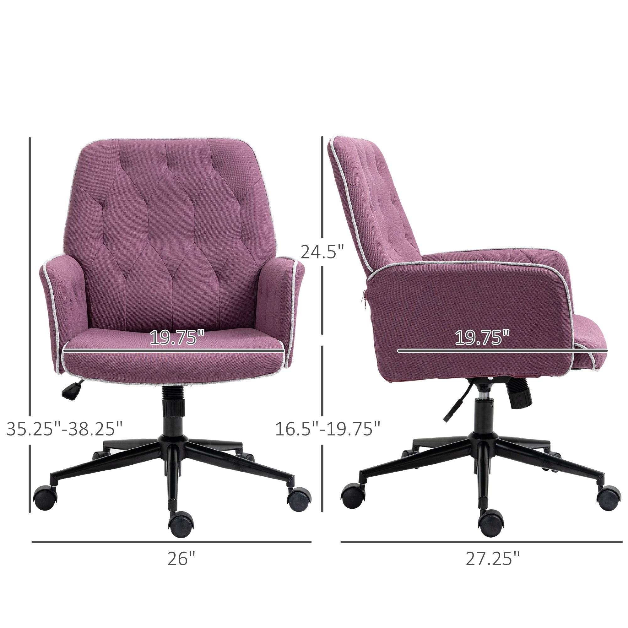 Purple office chair with dimensions labeled on a white background