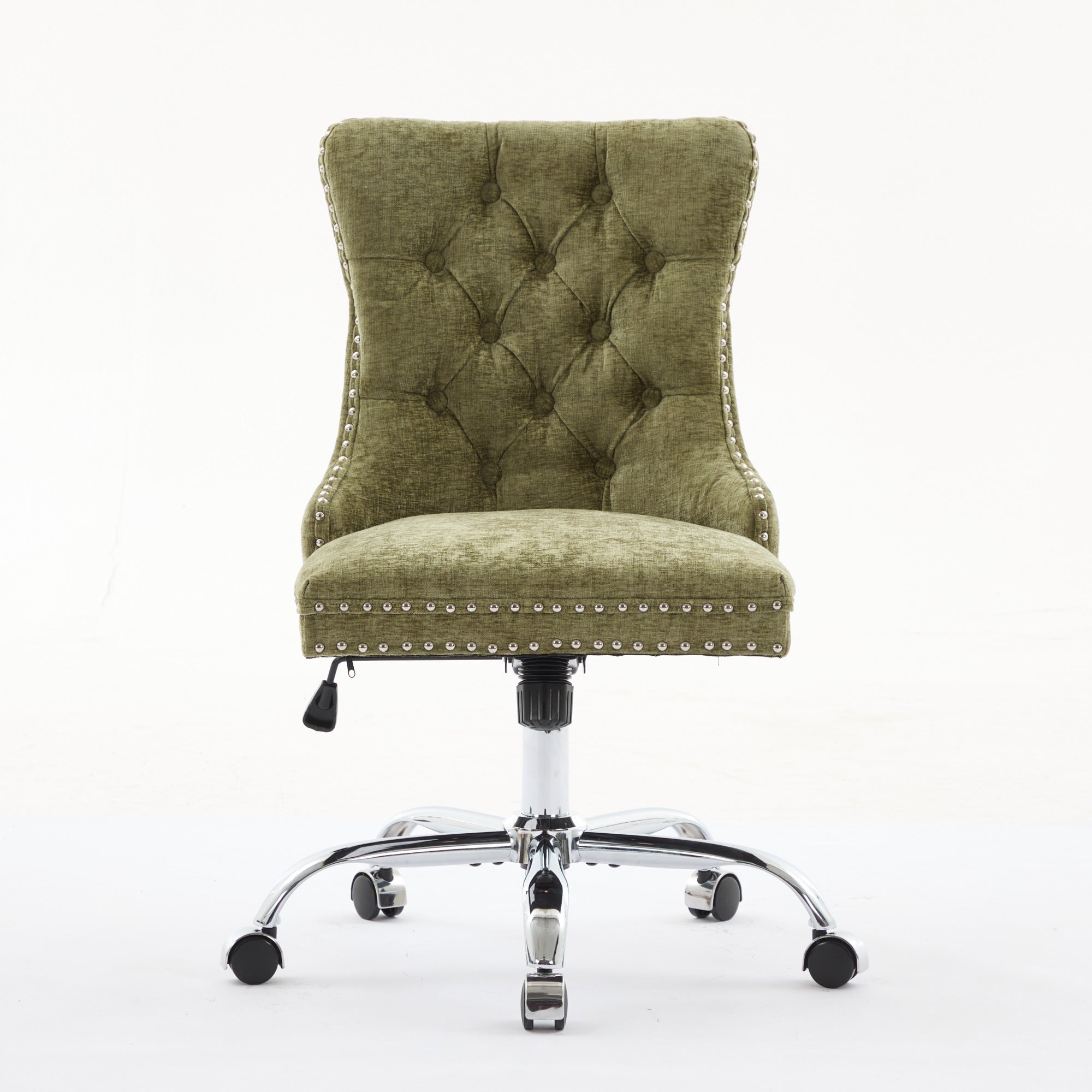 Green upholstered office chair with tufted backrest on a white background