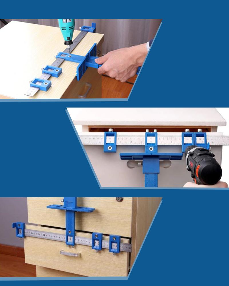 Woodworking tool set with clamps and drill on a blue background
