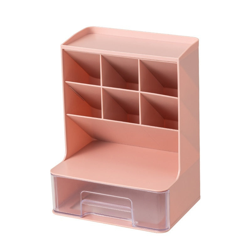 Pink desk organizer with multiple compartments on a white background