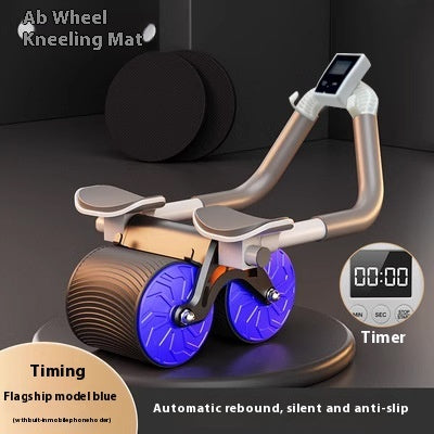 Ab wheel kneeling mat with wheels, seat, and digital timer on a dark background