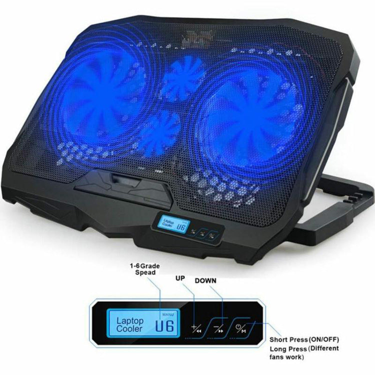 Black laptop cooling pad with blue LED lights on a white background