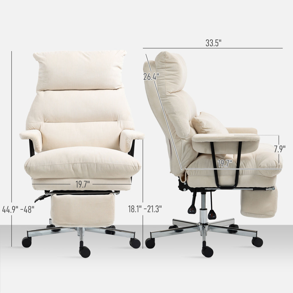 Beige recliner chair with dimensions labeled on a white background