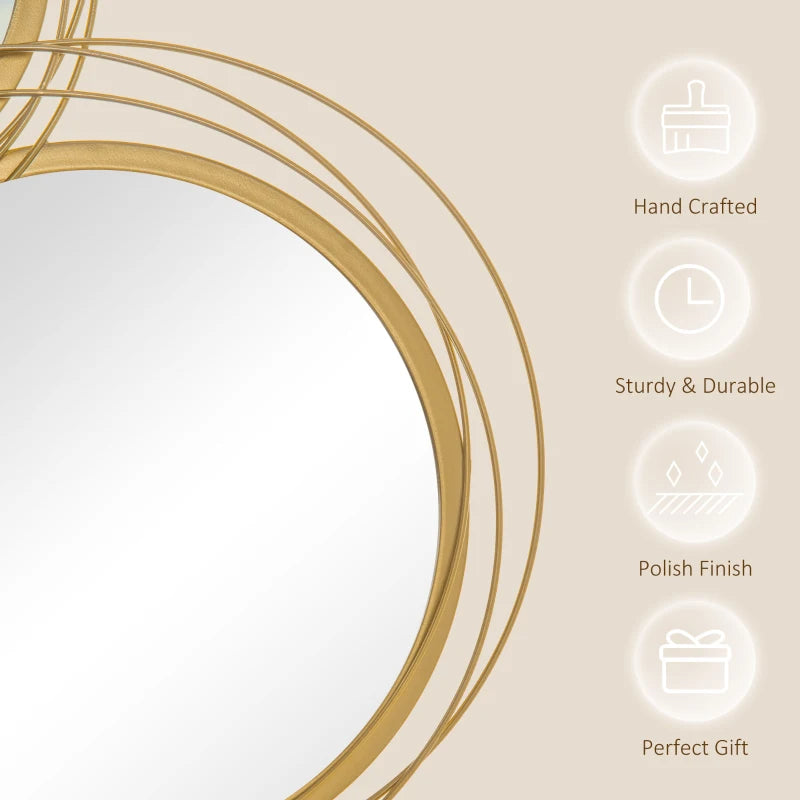 Decorative plate with gold rim on a beige background, featuring icons and text about product attributes.