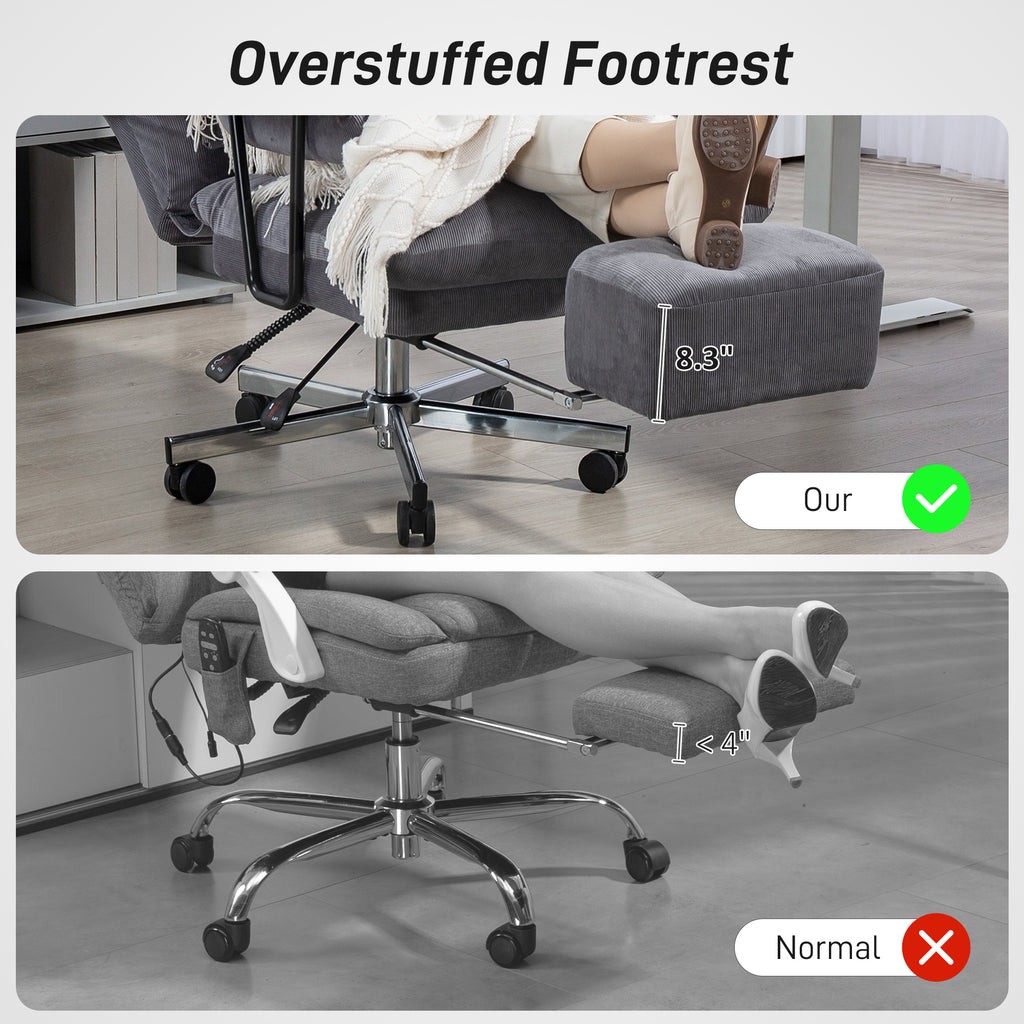Overstuffed footrest with a chair and person using it, labeled 'Our' with a green check mark.