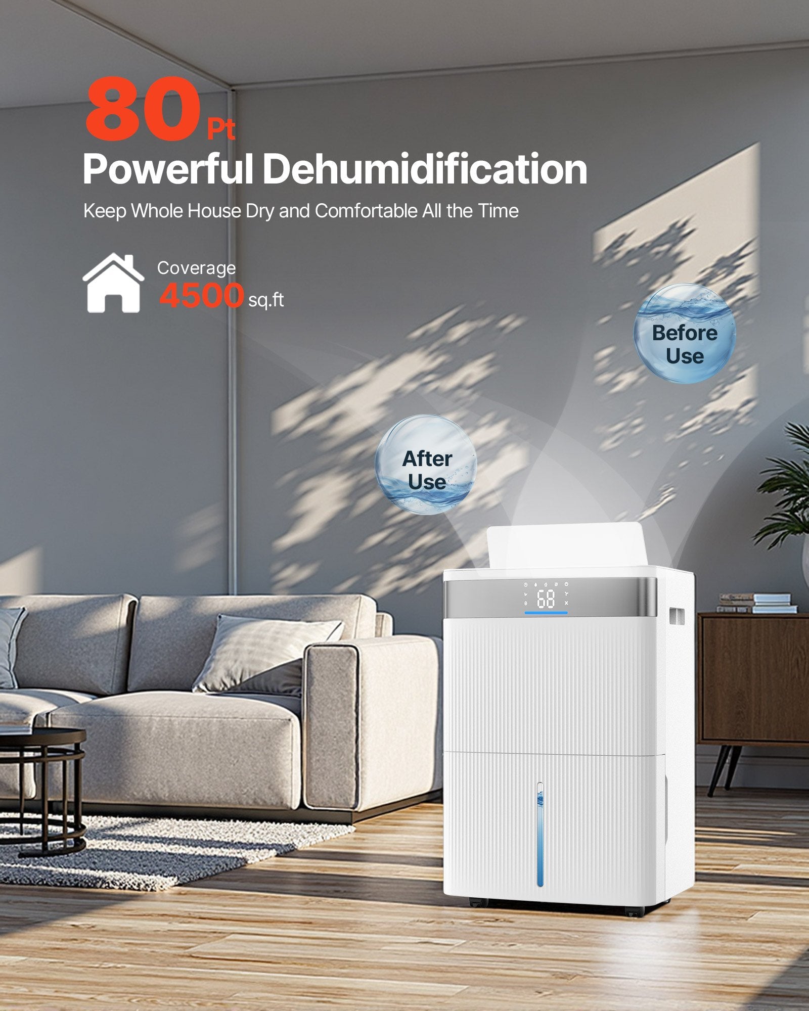 Dehumidifier in a living room with text highlighting its powerful dehumidification capabilities.