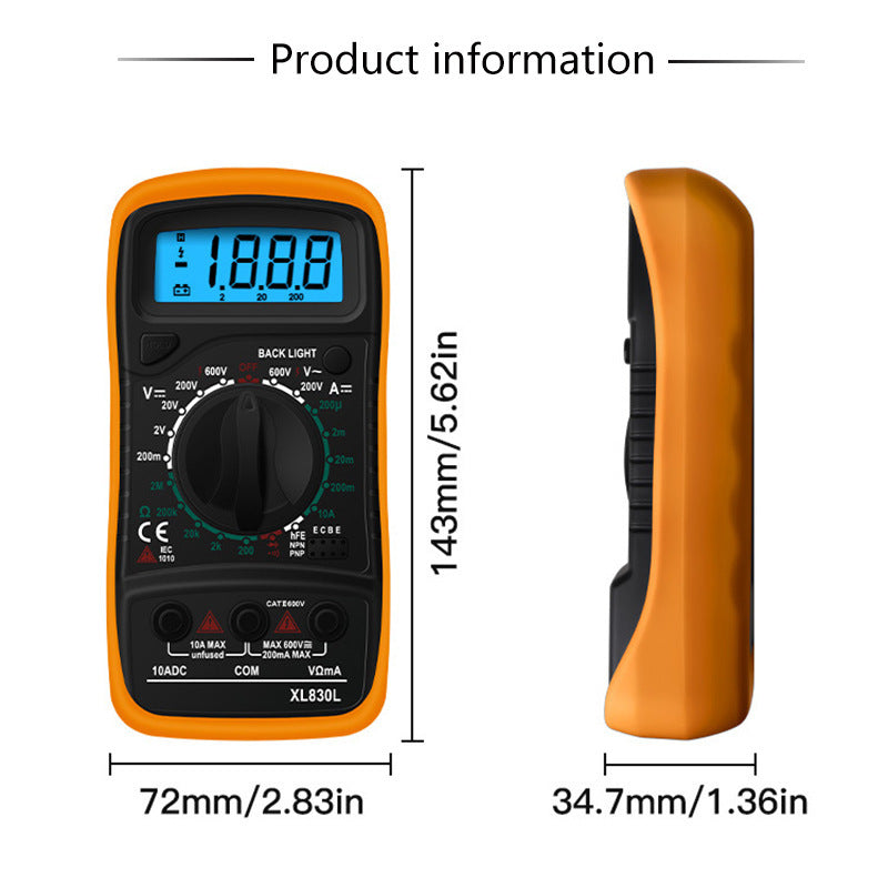 Digital multimeter with dimensions displayed on a white background