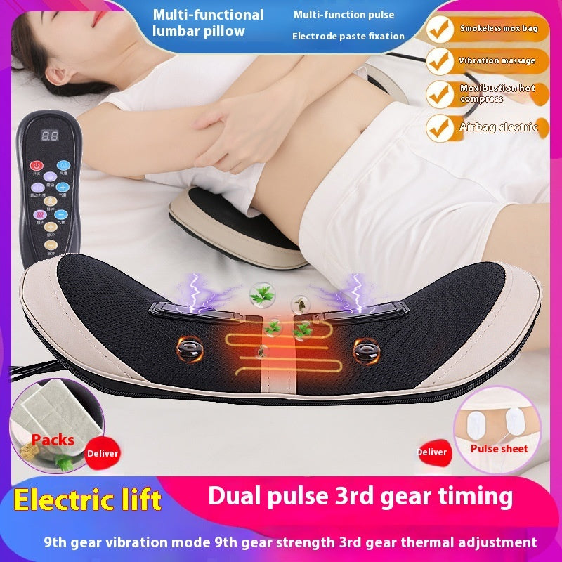 Person using a multi-functional lumbar pillow with various features highlighted.