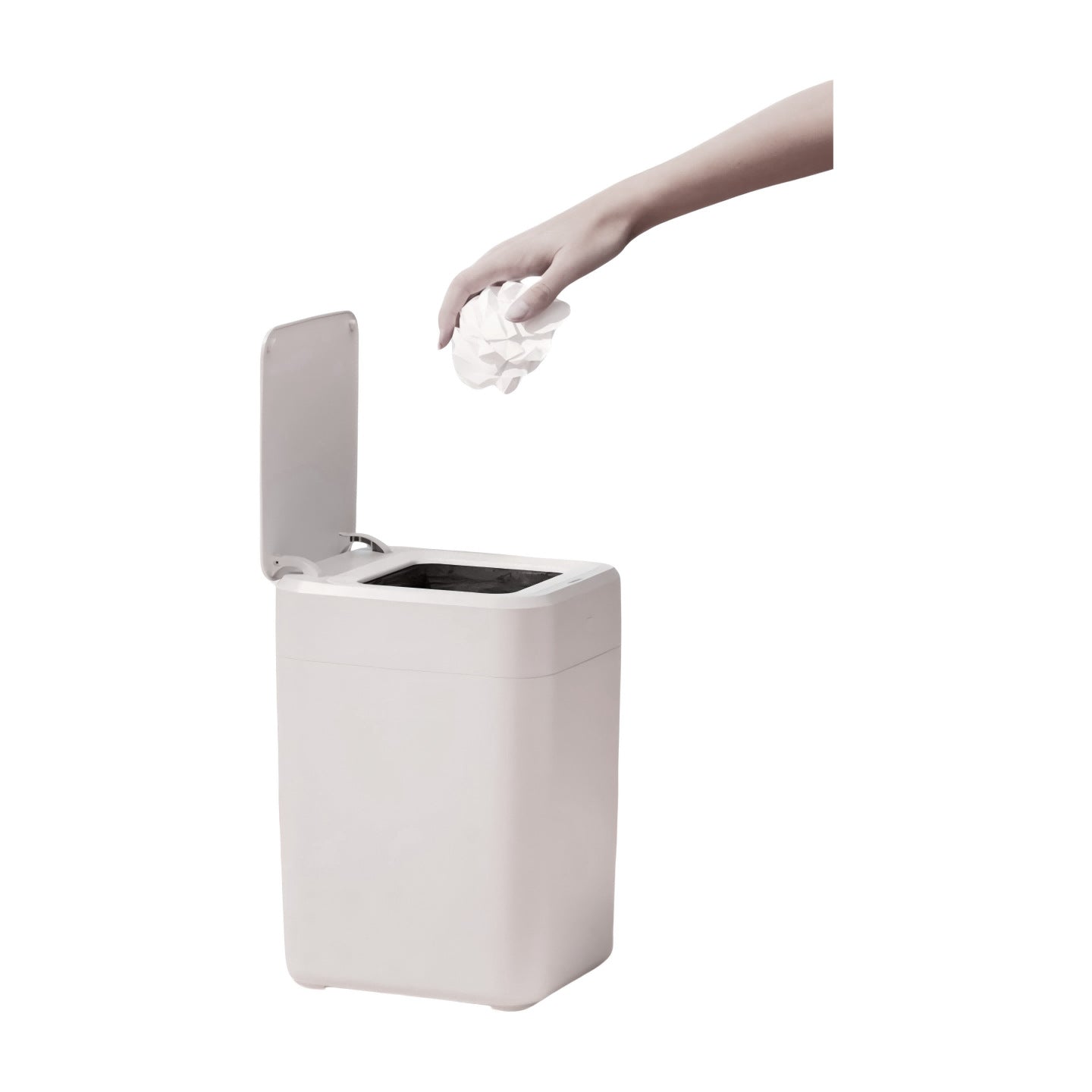 White trash bin with a hand disposing of a tissue, on a white background