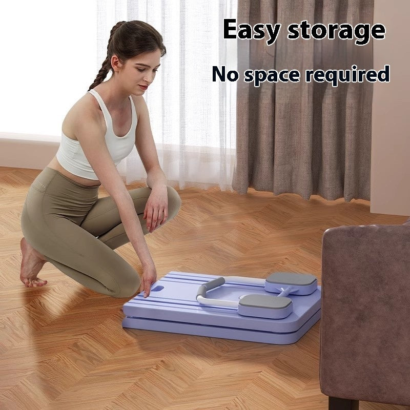 Woman folding a portable exercise board on a wooden floor with text 'Easy storage, No space required'.